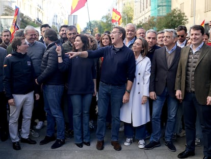 El líder del PP, Alberto Núñez Feijóo (centro), junto a la presidenta de la Comunidad de Madrid, Isabel Díaz Ayuso (tercera por la izquierda), y otros dirigentes populares, este sábado durante la manifestación contra la amnistía celebrada en Madrid.