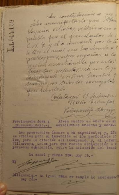 Declaración del cura del pueblo sobre Manuel Lapeña ante en la comisión de incautaciones, en 1937.