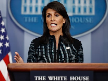 US Ambassador to the United Nations Nikki Haley speaks during a news briefing at the White House, in Washington, Sept. 15, 2017.