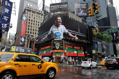 A Times Square billboard of Gareth Bale advertises NBC's coverage of the Premier League.