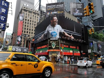 A Times Square billboard of Gareth Bale advertises NBC&#039;s coverage of the Premier League. 