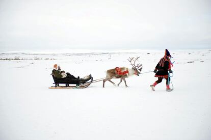 El pueblo sami, los pobladores autóctonos del norte de Escandinavia, mantienen una relación de especial respeto con la naturaleza que les rodea. En la Laponia noruega los turistas pueden acercarse a esta cultura visitando campamentos típicos, conocer su colorida vestimenta tradicional y montarse en trineos tirados por renos para pasear un rato entre inacabables paisajes blancos. La foto fue tomada cerca de la localidad de Guovdageainnu, en la región noruega de Finnmark.