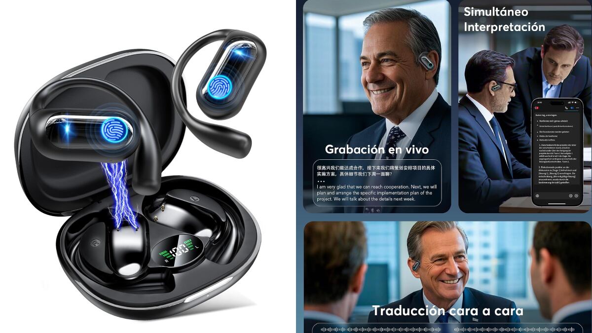 Auriculares in cable con estuche de carga y varios modos de traducción disponibles.
