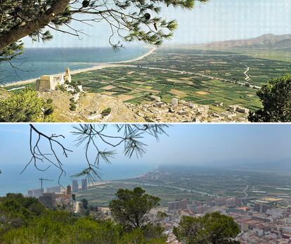 Lo poco que perdura en la segunda imagen es el pino de la serranía de Cap Blanc. Greenpeace critica que el Ayuntamiento de Cullera aprobó en 2007 un proyecto con 33 rascacielos, un puerto, un campo de golf y una marina deportiva y pesquera junto a la desembocadura del Júcar, a pesar de que la propia Confederación Hidrográfica del Júcar advirtiese de la imposibilidad de suministrar agua a una población que duplicaría la actual.