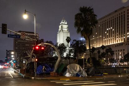 Tents on a sidewalk in Los Angeles, California, in January 2024. 