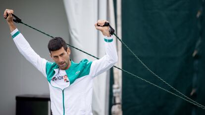 Tennis - Wimbledon - All England Lawn Tennis and Croquet Club, London, Britain - July 10, 2021 Serbia's Novak Djokovic during a practice session Pool via REUTERS/David Gray