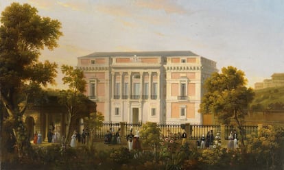 Vista de la fachada sur del Museo del Prado, desde el interior del Jardín Botánico, por José María Avrial y Flores, hacia 1835.