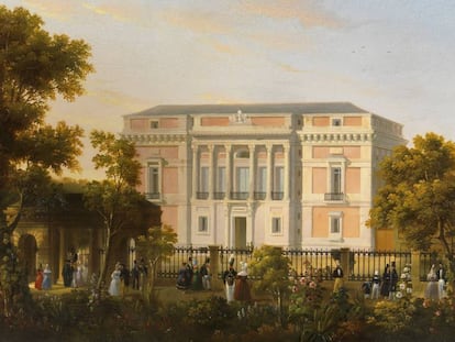 Vista de la fachada sur del Museo del Prado, desde el interior del Jardín Botánico, por José María Avrial y Flores, hacia 1835.