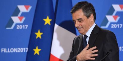 Fran&ccedil;ois Fillon, este domingo, durante el discurso en el que se declar&oacute; vencedor de las primarias.