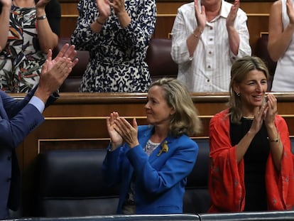 Pedro Sánchez, Nadia Calviño y Yolanda Díaz, este miércoles en el Congreso.