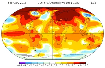Mapa mundial en el que se muestra la variación de temperatura en febrero respecto a la media del periodo 1951-1980.