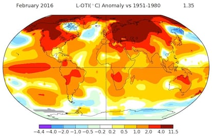 Mapa mundial com a variação da temperatura em fevereiro em relação à média do período 1951-1980.