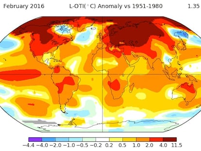 Mapa mundial com a variação da temperatura em fevereiro em relação à média do período 1951-1980.