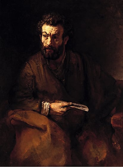 Hacia los años cuarenta del siglo XVII, Rembrandt fue dejando la intensidad física de sus composiciones para centrarse en las escenas contemplativas, como la de El apóstol Bartolomé (en la imagen), en la que ya se puede apreciar la derivación del autor hacia la pincelada suelta y la impresión general de "acabado inacabado", según ha señalado el comisario de la muestra.