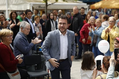 El presidente de la Generalitat y candidato de ERC a la reelección, Pere Aragonès, durante un mitin de ERC este sábado en Pineda de Mar.