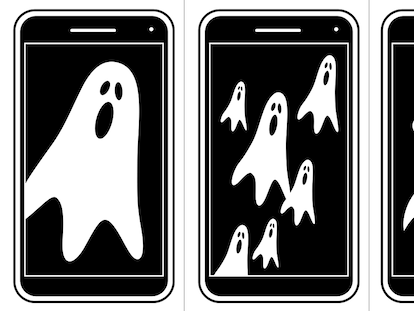 Ilustración de un teléfono inteligente negro con un fantasma blanco en la pantalla.