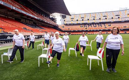 Los mayores que han participado en el proyecto piloto promovido por el Incliva y la Fundación VCF. En la imagen, con la tabla de ejercicios en el campo de Mestalla.