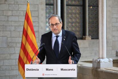 El presidente de la Generalitat, Quim Torra, durante la declaración institucional