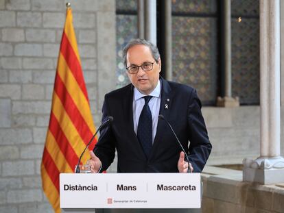 El presidente de la Generalitat, Quim Torra, durante la declaración institucional