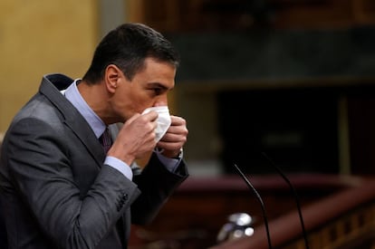 El presidente del Gobierno, Pedro Sánchez durante su intervención este miércoles al Congreso donde ha defendido el Plan de Recuperación, Transformación y Resiliencia de la economía para hacer frente a la crisis provocada por la pandemia de coronavirus.