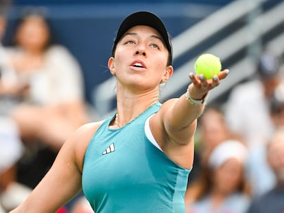 Jessica Pegula (USA) serves the ball against Liudmila Samsonova (not pictured) during singles final play at IGA Stadium.