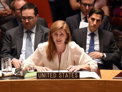 La embajadora de EE UU, Samantha Power, durante su intervenci&oacute;n ante el Consejo de Seguridad.