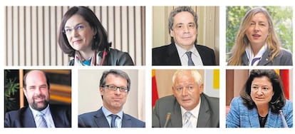 Cani Fernández y Ángel Torres, candidatos a la presidencia y viceprediencia de la CNMC, junto a varios de los actuales consejeros: Pilar Canedo, Xabier Ormaetxea, Mariano Bacigalupo, Bernardo Lorenzo y María Ortiz.