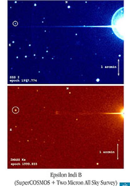 La imagen muestra la Epsilon Indi A (la estrella brillante de la izquierda) y la enana marrón Epsilon Indi B (el círculo).