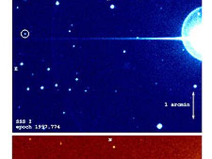 La imagen muestra la Epsilon Indi A (la estrella brillante de la izquierda) y la enana marrón Epsilon Indi B (el círculo).