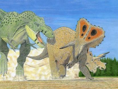 An illustration of ‘Tyrannosaurus imperator’ attacking a group of ‘Triceratops horridus.’