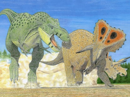 Ilustración de un 'Tyrannosaurus imperator' atacando a una manada de 'Triceratops horridus'.