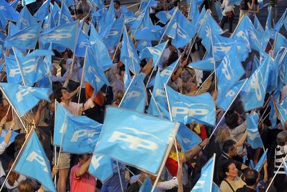 PP supporters celebrate outside the party's Madrid headquarters on Sunday night.