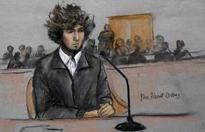 Dzohkhar Tsarnaev visto em um desenho feito durante o julgamento em Boston.