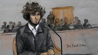 Dzohkhar Tsarnaev visto em um desenho feito durante o julgamento em Boston.