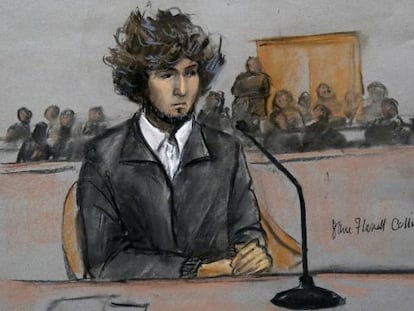 Dzohkhar Tsarnaev visto em um desenho feito durante o julgamento em Boston.