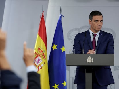 Pedro Sánchez, durante la rueda de prensa de este martes en La Moncloa.