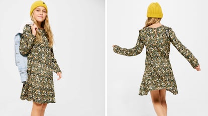 Vestido de flores de manga larga. Un bonito vestido fluido con el que darle un toque de color a los meses de otoño e invierno. Tiene un estampado floral en tonos verdes, cuello redondo y volantes en los hombros. 23,99€

 