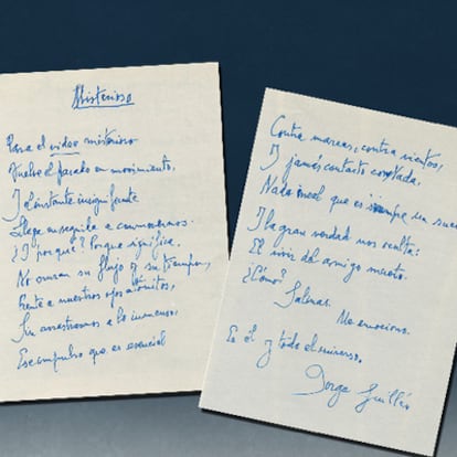 Manuscrito original del poema <i>Misterioso, </i><b>de Jorge Guillén. Pedro Salinas (izquierda) y Luis Cernuda, en las películas rescatadas.</b>