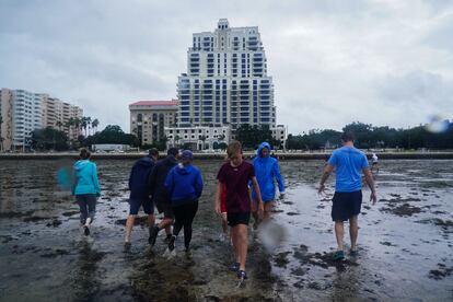 Varias personas caminan sobre la bahía de Tampa, donde el nivel del agua ha bajado como consecuencia del huracán.
