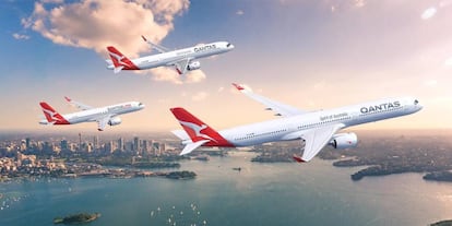 Recreación de los nuevos modelos de Airbus pedidos por Qantas, el A220, A321XLR y A350-1000.