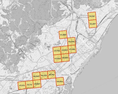 Imagen de las 16 zonas de mayor densidad de población de Europa que se hallan en torno a Barcelona, entre ellas la primera de la lista, en L'Hospitalet, con más de 53.000 vecinos por kilómetros cuadrado.