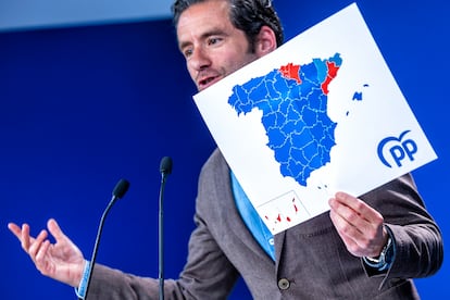 El portavoz del PP, Borja Sémper, durante la rueda de prensa posterior a la reunión del Comité de Dirección del partido este lunes, tras las elecciones al Parlamento Europeo del 9-J.