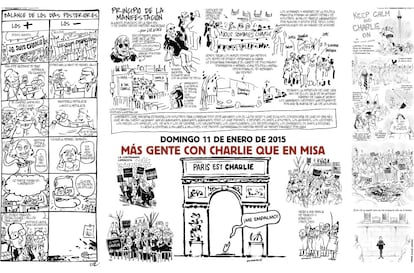 O PAÍS com 'Charlie Hebdo'. Reprodução de duas páginas traduzidas ao espanhol da primeira edição da revista satírica publicada após o sangrento ataque terrorista jihadista em Paris, publicada em 14 de janeiro de 2015.