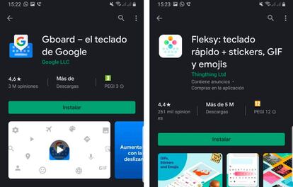 Gboard a la izquierda (PEGI 3) y Flesky a la derecha (PEGI 12).