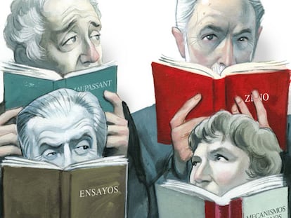 De izquierda a derecha y de arriba abajo, los escritores Harold Bloom, J. M. Coetzee, Aldous Huxley y Natalia Ginzburg, vistos por Fernando Vicente.