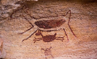 Pintura rupestre que é símbolo do Parque Nacional da Serra da Capivara, no Piauí, nordeste do país.