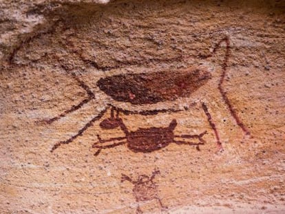 Pintura rupestre que é símbolo do Parque Nacional da Serra da Capivara, no Piauí, nordeste do país.