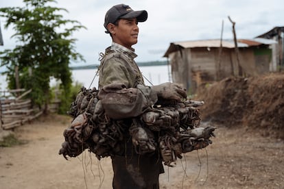 Ricardo Risco, cangrejero  de la comuna Punta de Piedra, admira la primera escuela construida en su comunidad.