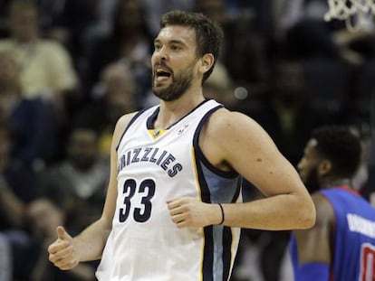 Marc Gasol celebra una canasta durante el partido ante los Brooklyn Nets