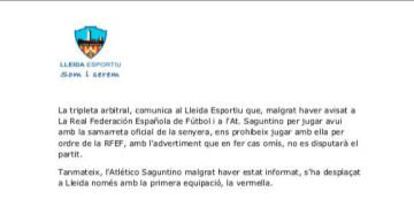El comunicado oficial del Lleida.